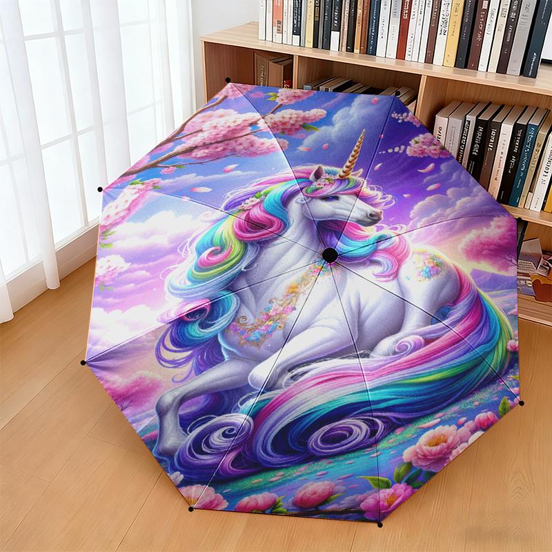 1pc Purple Unicorn Umbrella Portable Folding Umbrella Iron Frame Hole Bone Structure Outdoor Home Umbrella