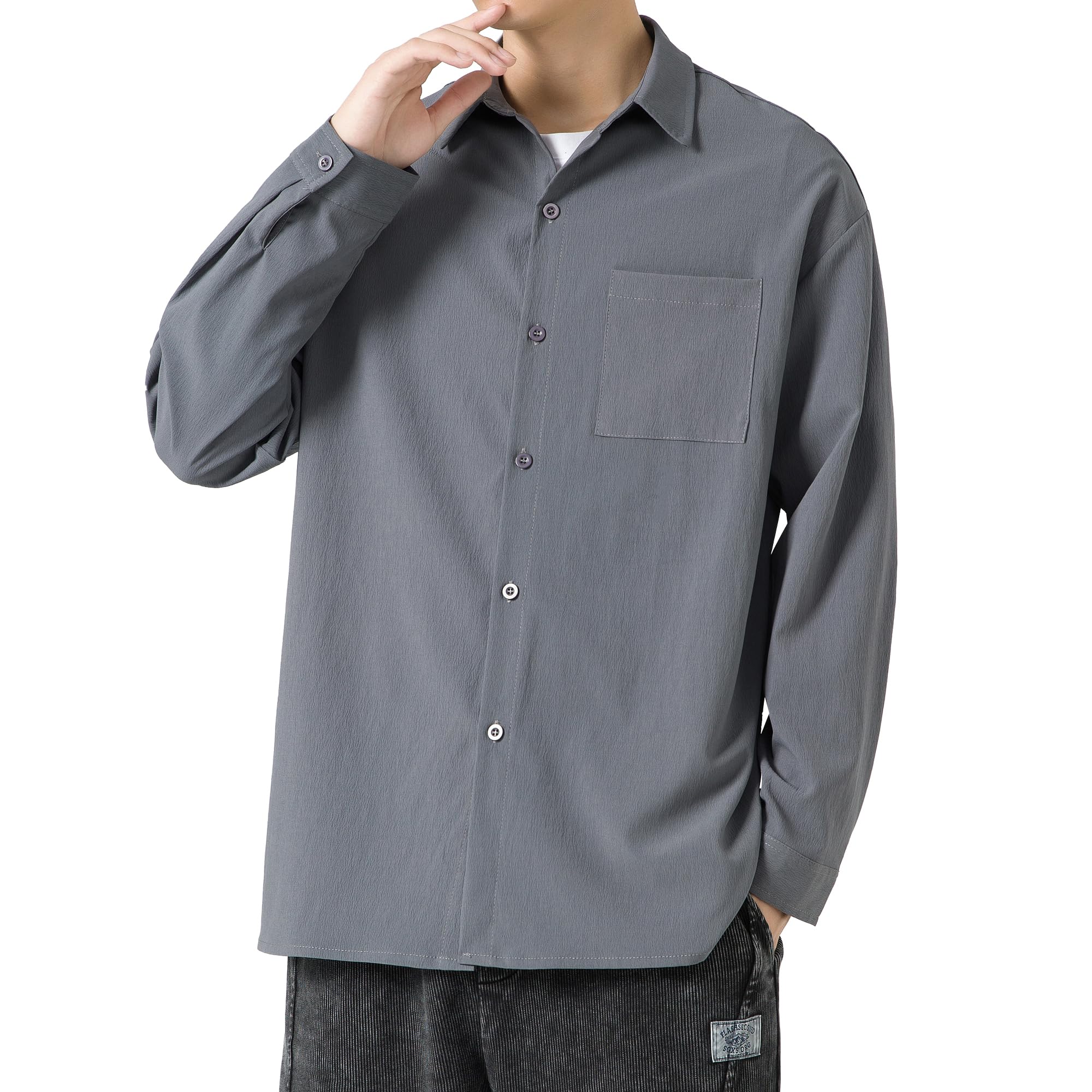 

FUZHIHUA Long Sleeve Loose Solid Plus Sizes Men s Shirt, Summer, Casual, Business, Lightweight, Fit, Color, Stylish,