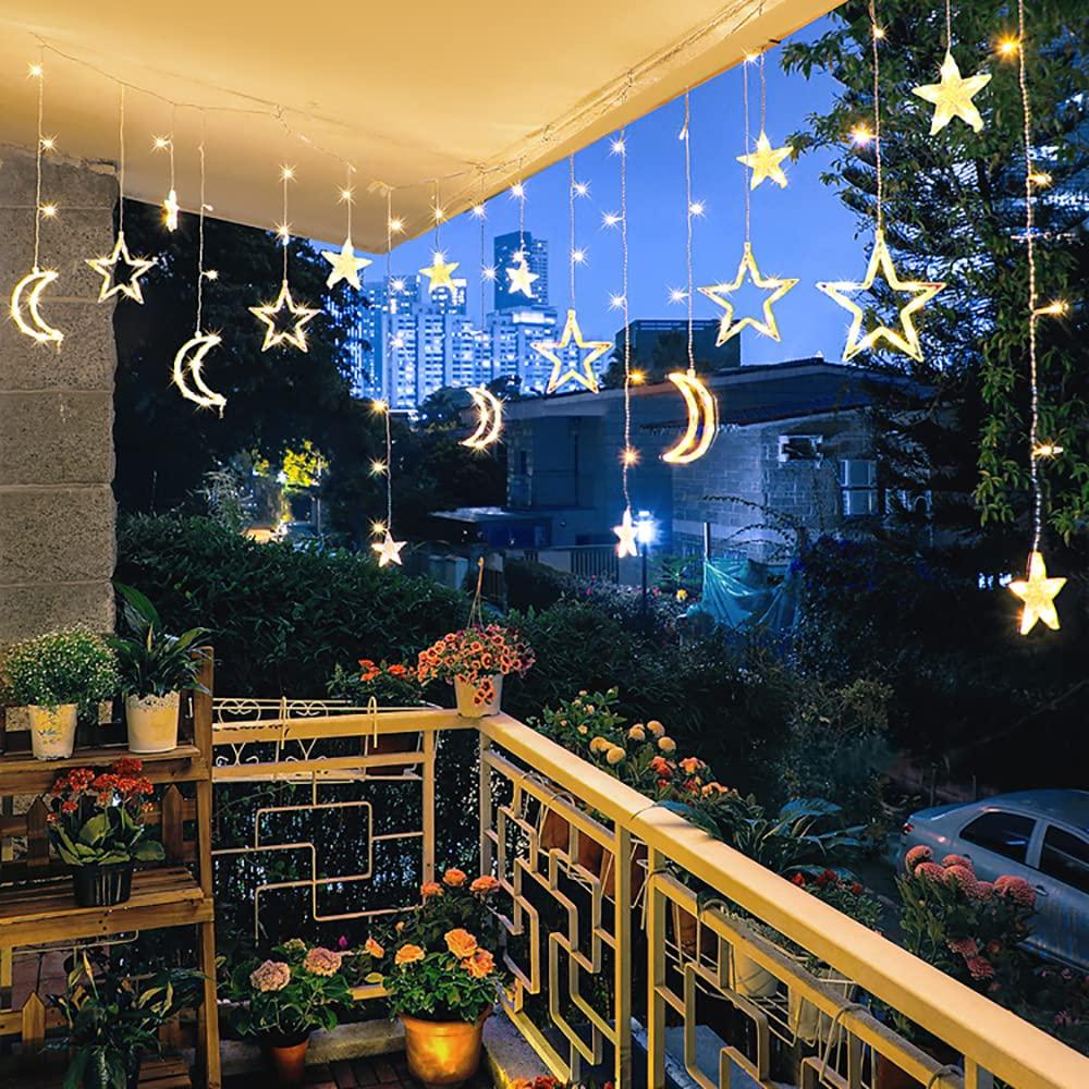 BQuel Star and Moon String Lights, 3.5m, 138 LEDs, USB Powered, 2-Way Power Supply, 8 Modes, Remote Control, Waterproof, Energy-Saving, IndoorOutdoor