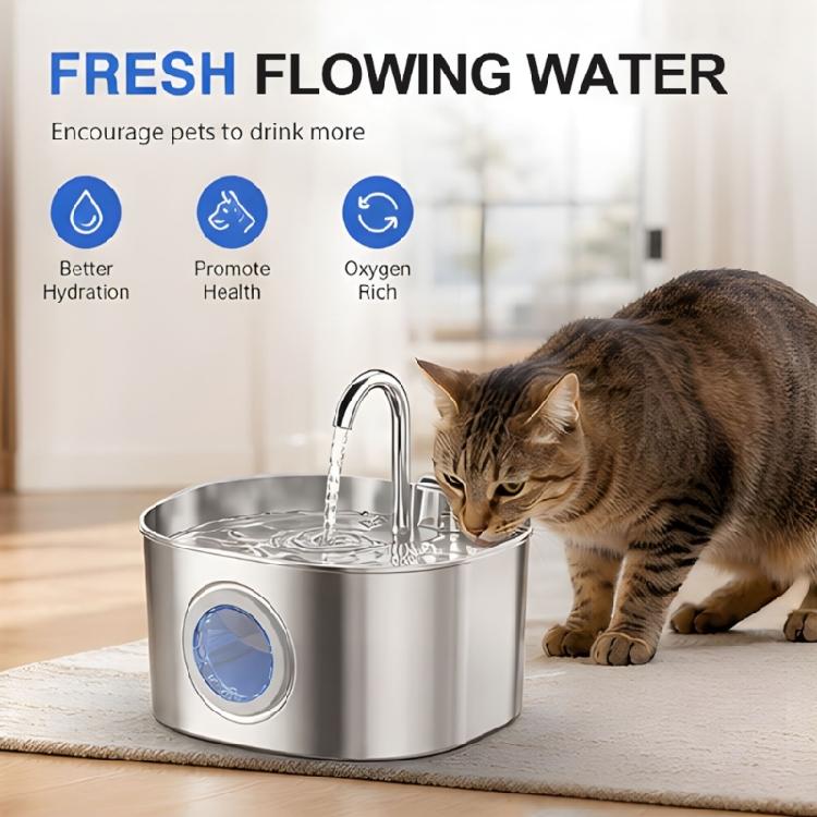 Removable Design Pet Waterer, Metal Bowl 2.2 L, Open Drink Area, USB Cable Power for Indoor Daily Water Supply, Daily Use Unit, Round Unit