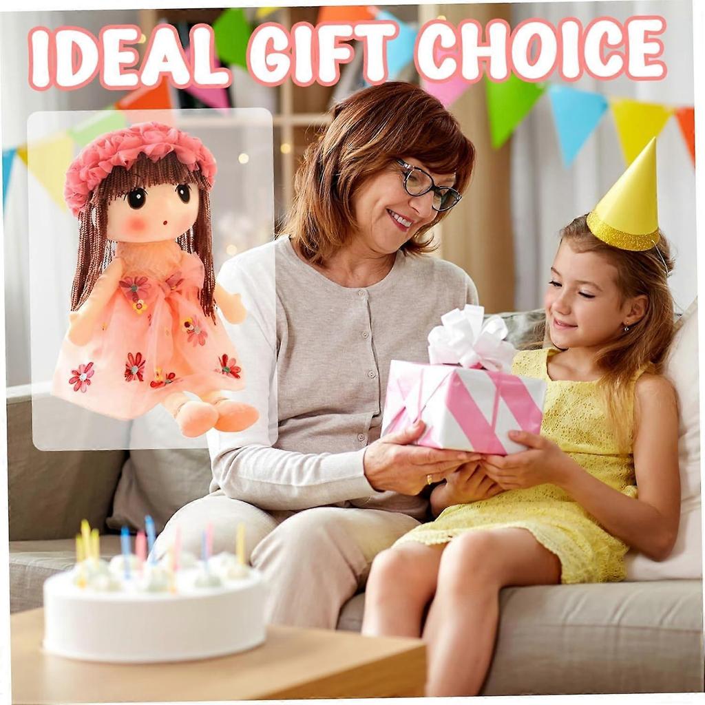 Cute and realistic fabric doll for girls, 18inch plush doll with floral dress, hat, shoes, and long hair.
