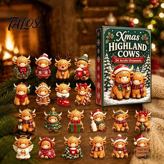 Unique Christmas Surprising Box Highland Cow Advent Calendar, 24 Cute 3D Mini Figures, Festive Decor Farmhouse Holiday Decor, Countdown Gift