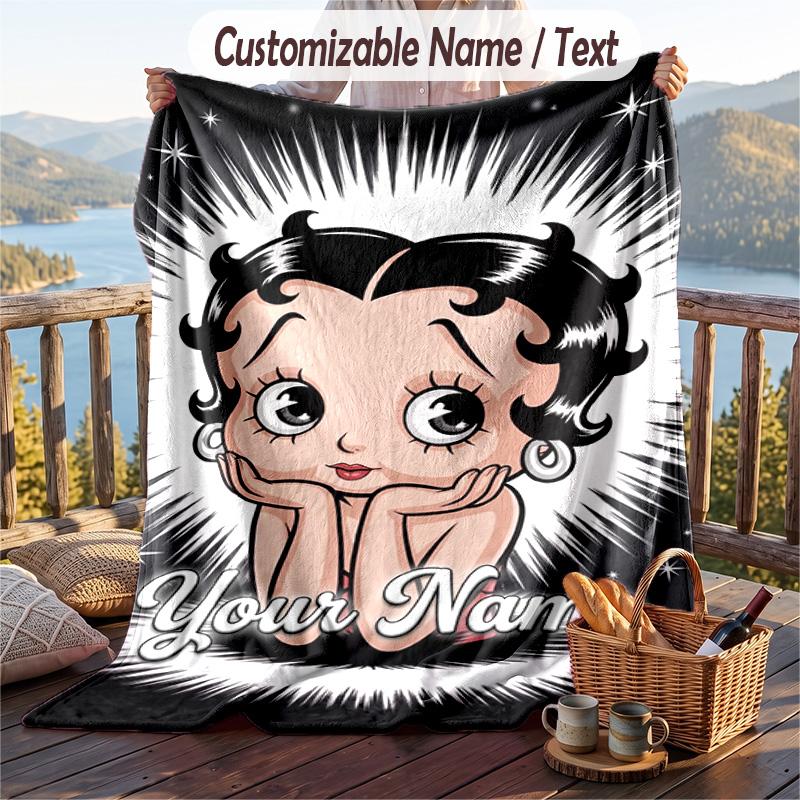 Custom Text Flannel Throw Blanket, Lightweight Cozy Bed Sofa BlanketBetty Boop