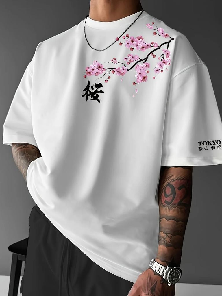 Sommer Herren Kirschblütenmuster Japanischer Stil Locker T-Shirt Geeignet für den täglichen Gebrauch 100% Baumwolle Material Trendig Vielseitig