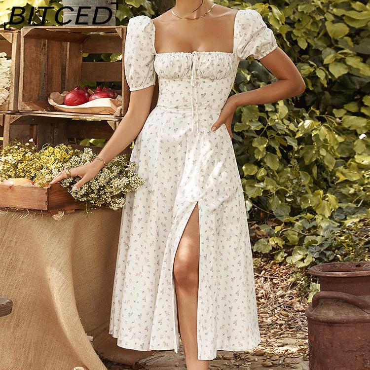 

BITCED Женское платье: Элегантное платье без бретелек с цветочным принтом, разрезом и модным курортным стилем S белый