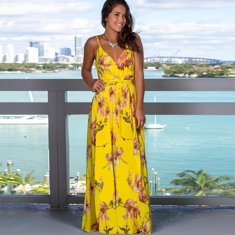 V-neck Sling Print Long Beach Dress 