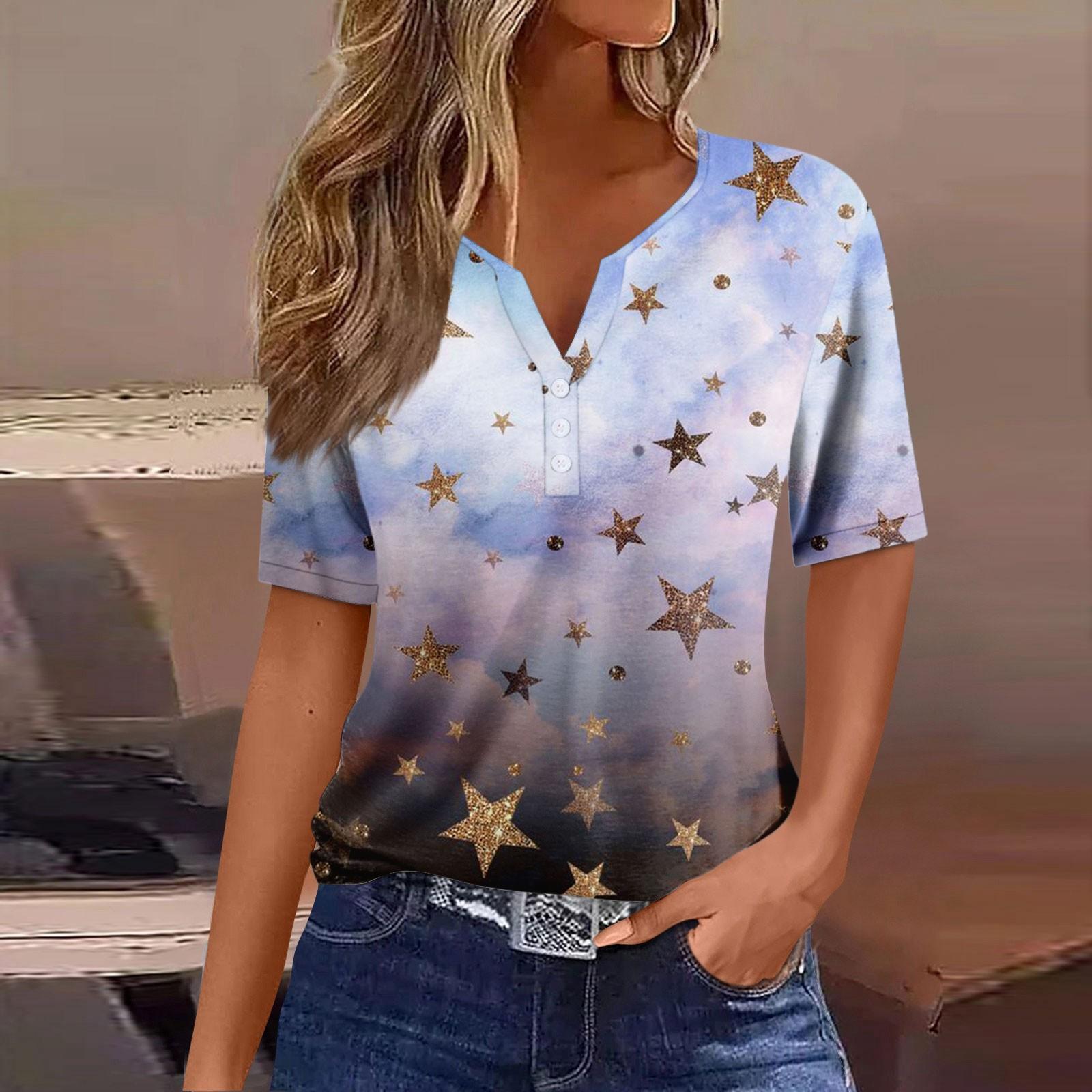 Жен. Футболка Футболка С принтом Пуговицы С короткими рукавами Повседневные Выходные Мода — фото 15