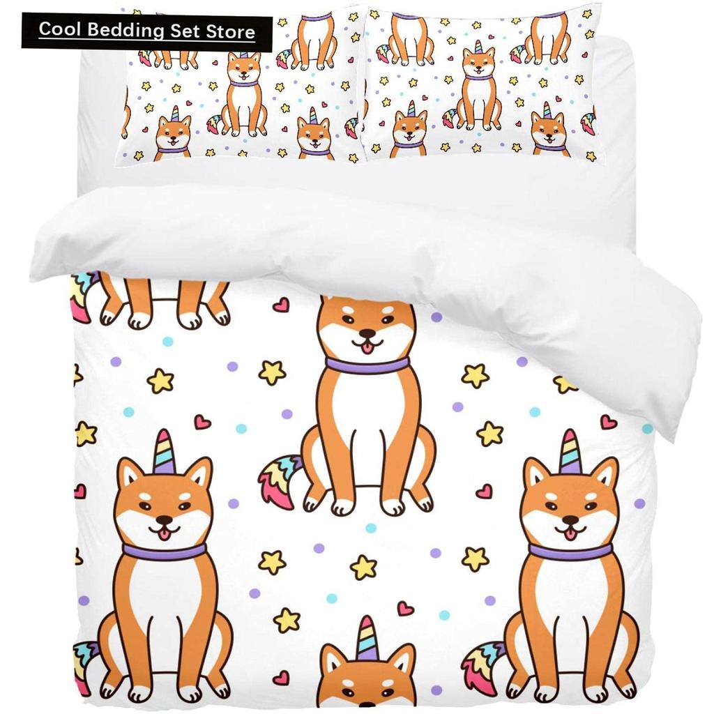 Cartoon Shiba Inu King Queen Bedding Set Yellow Pet Puppy Duvet Cover Cherry Blossoms Tree Quilt Cover Polyester Comforter Cover