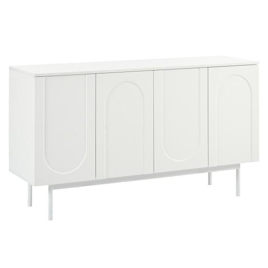 Modern Minimalist Pure White Sideboard with 4 Doors in Arched Pattern for Dining Room And Living Room (White)