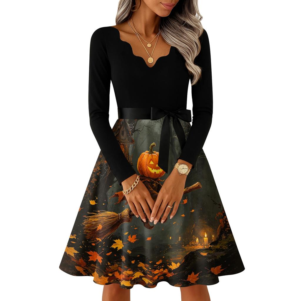 Women's Vintage V-Neck Long Sleeve Casual Halloween Print Dress