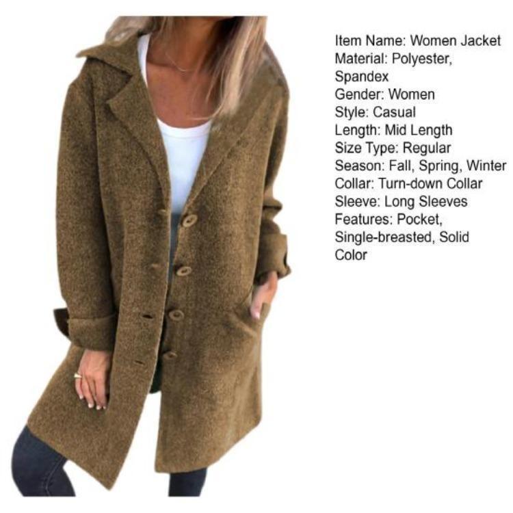 Winter Women Wool Coat Mid Length Overcoat Loose Turn Down Collar Single Breasted Long Sleeves Solid Color Pockets Jacket for Commuting Dating