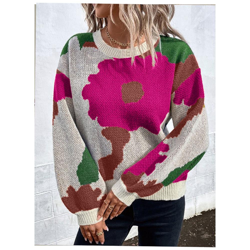 Autumn/Winter Round-neck Long-sleeved Knitted Top – Fashionable and Versatile Jacquard Casual Pullover for Women