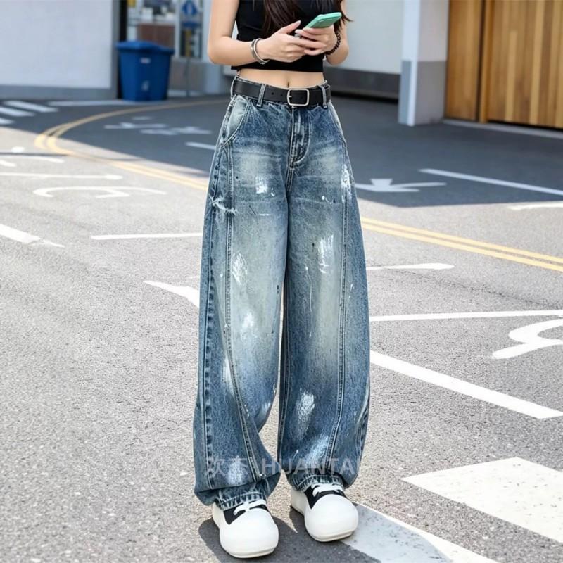 High-Waisted Wide-Leg Denim Pants With Letter Print Streetwear Style Loose Fit Cropped Flare Jeans Women Men 2026