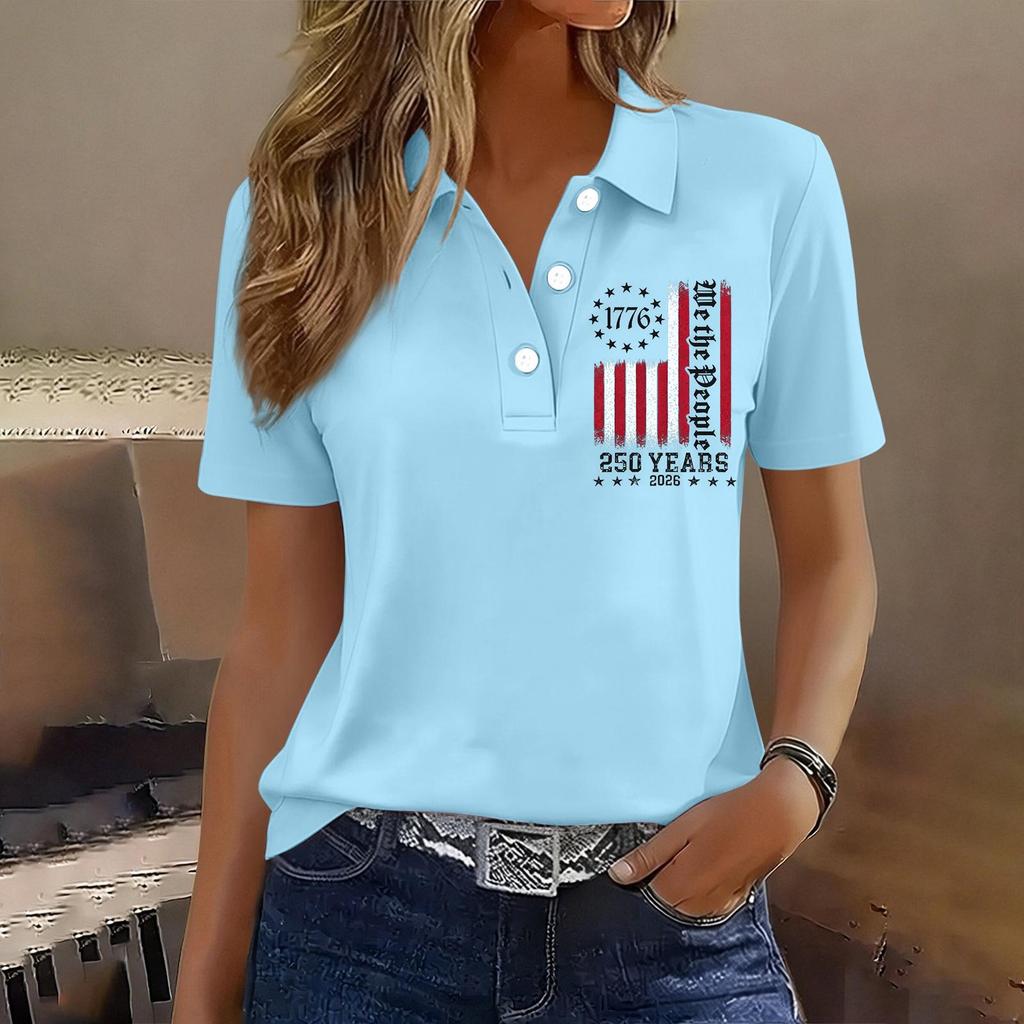Damen Casual Knopf Kurzarm Poloshirt 250. Jubiläum Aufdruck Oberteil Unabhängigkeitstag Stil Leichtes Weiches Gewebe