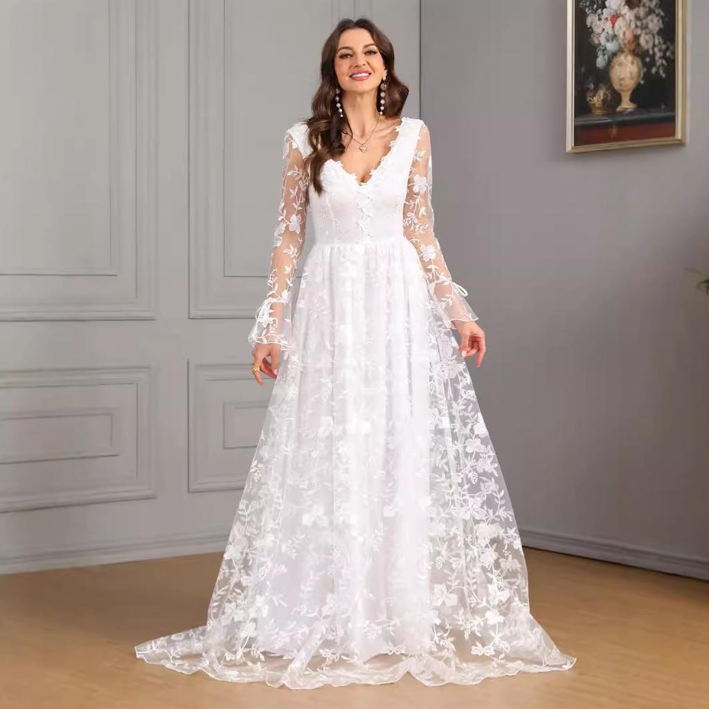 European and American Foreign Trade New Women's Clothing Autumn and Winter New Amazon Long-sleeved V-neck Pendulum Trailing Lace Dress Wedding Dress