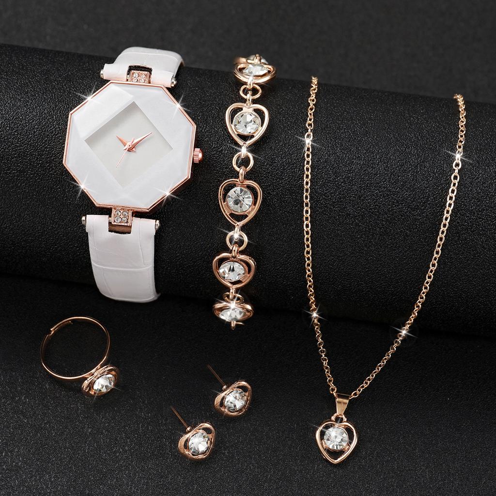 Set da 6 pezzi Lusso Donna Custodia a Rombo Orologio al Quarzo & Set Gioielli Diamante Cuore d'Amore