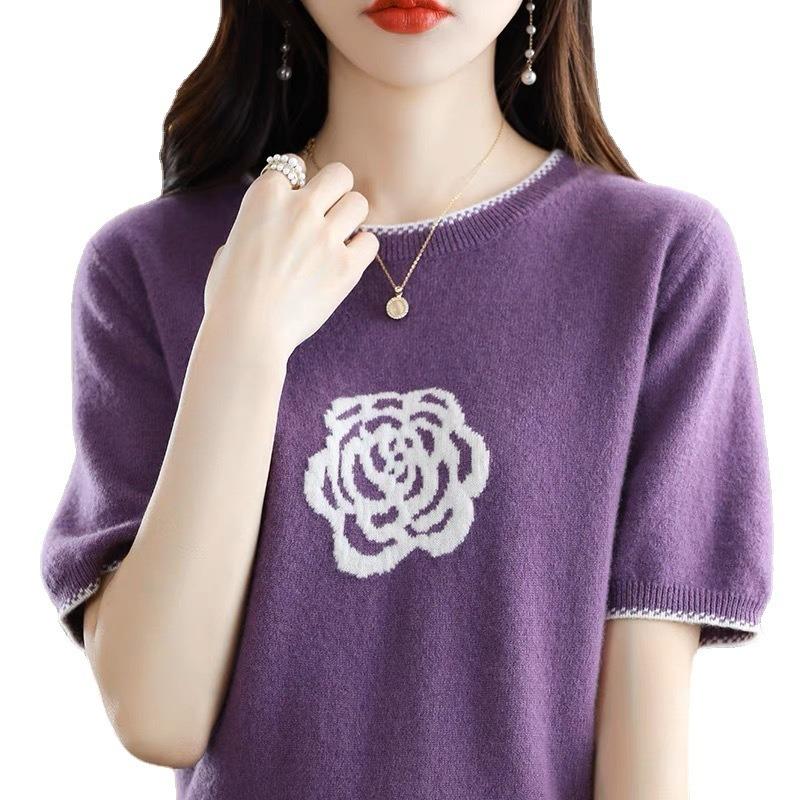 Summer New Women's Round Neck Knitted T-shirt Loose Short Sleeve Sweater Half Sleeve