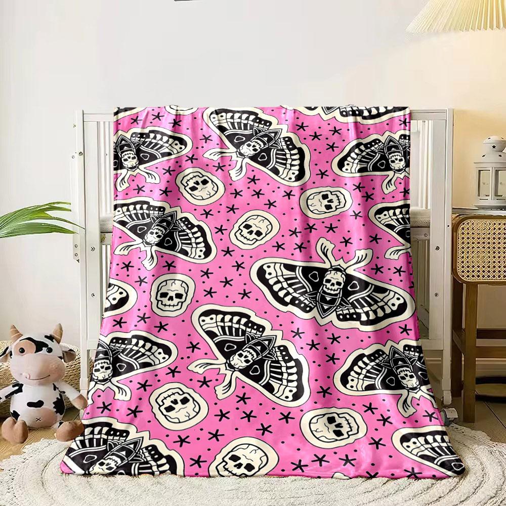Skull Moth Pink Blanket bedroom Blanket for Livingroom Couch lunch break Soft throw for Friend's festival Gift