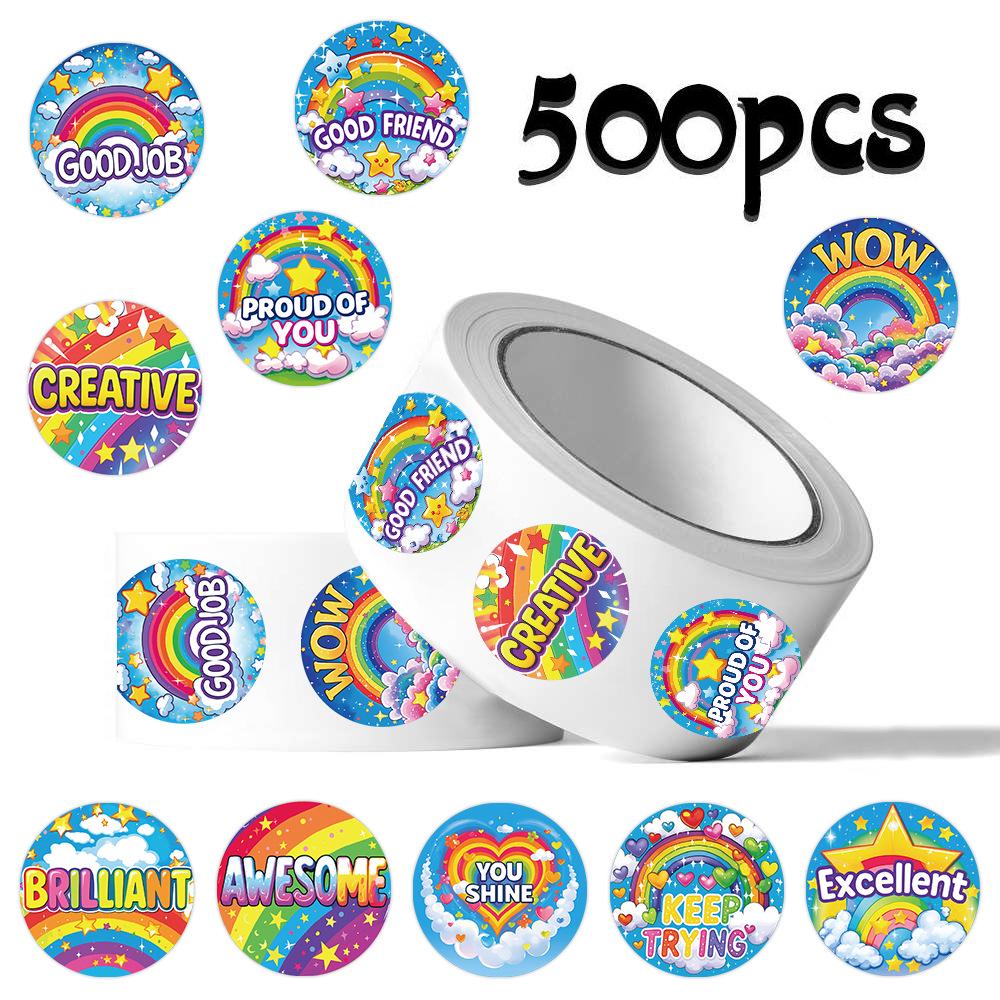 500 Rainbow English Reward Stickers Roll - DIY Journaling, Kids' Stationery, Decorative Sealing Stickers