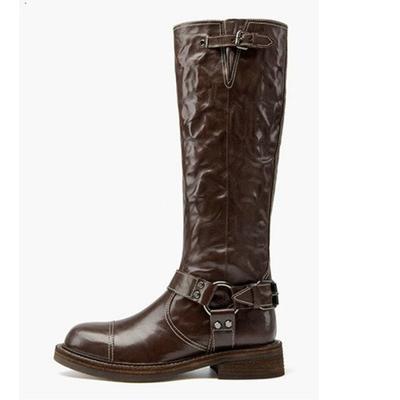 Mode Herbst Winter Retro Gürtelschnalle Schwarz Braun Niedriger Absatz Kniehohe Stiefel Neue Modenschau-Stile Pendeln Einkaufen Damenschuhe 43