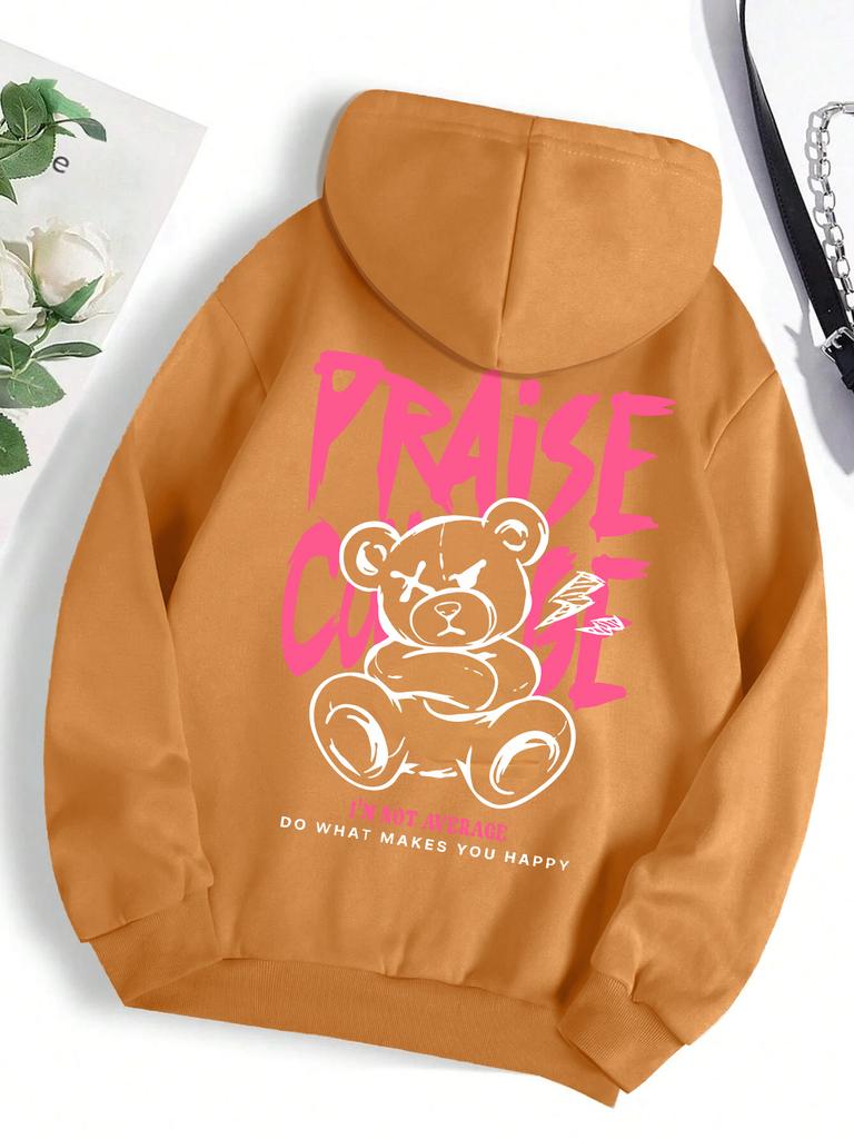 Cooler kleiner Bär Cartoon Druck Kapuzenpullover für Damenmode Warm Streetwear Persönlichkeit Herbst Neu Sweatshirt Fleece Damenbekleidung