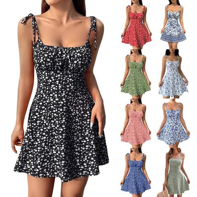 Vestidos Femininos de Moda com Estampa Floral, Cinturados e Alças Finas