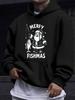 American/European Style Unisex Autumn/Winter Printed Hoodie Long-Sleeve Sweatshirt, Santa Claus Fishing Print Hooded Sweatshirt, Fun and Whimsical Chr