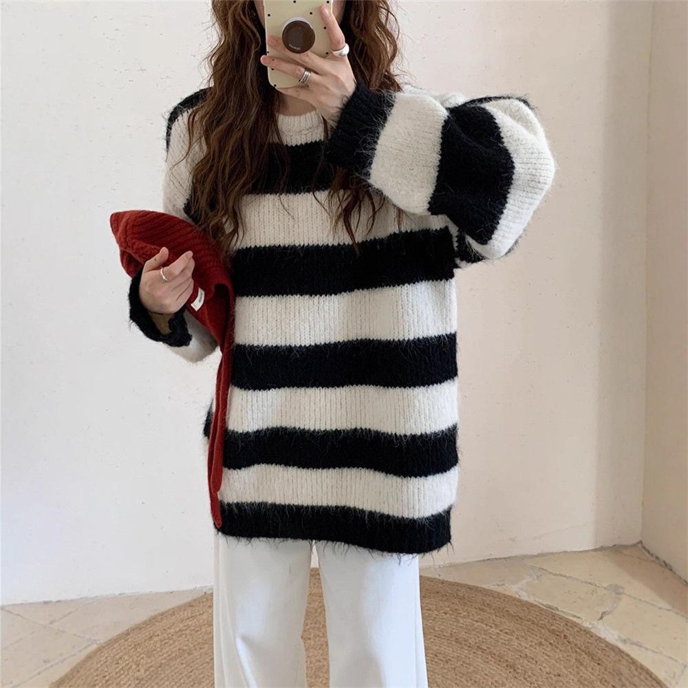 

Женский пуловер в полоску контрастного цвета, новый осенне-зимний, свободного ленивого стиля, повседневный мягкий восковой вязаный свитер-топ для женщин average size