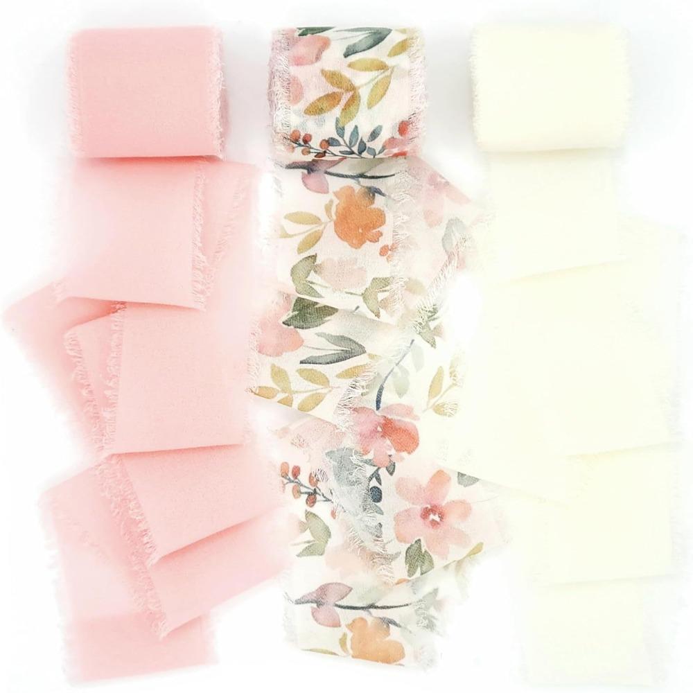 1/3 Rolle Satinband mit aufgedruckten Blumen 4 cm Breite Seidenband Ausgefranste Kanten Handgefertigtes Bastelmaterial Chiffonband Hochzeitseinladung