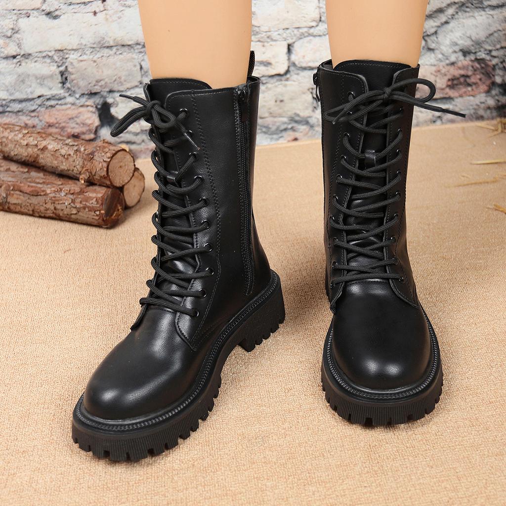 Autumn and Winter New British Style Platform Short Boots Female Handsome Recreational Locomotive Boots Large Size Lace-up Martin Boots Female