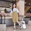 Girls Summer Solid Short Sleeve T Shirt with Cute Denim Overalls Set