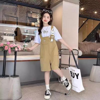 Girls Summer Solid Short Sleeve T Shirt with Cute Denim Overalls Set