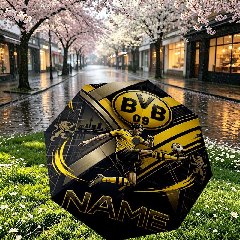 Custom Name Personalized Borussia Dortmund Bvb Print Umbrella, Auto Open Close, 8‑Rib Sturdy Frame, Commute Camping Hiking Use, Birthday Gift