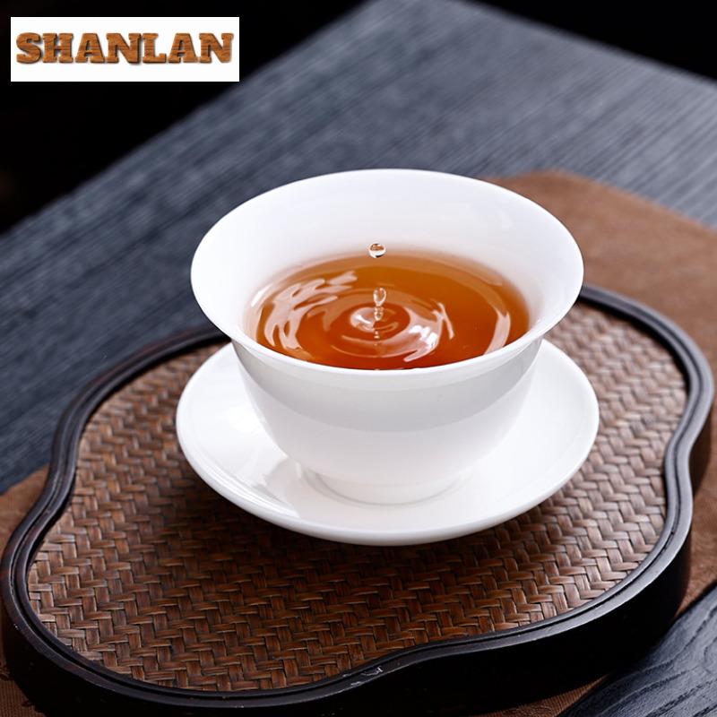 190ml High-end Sheep Fat Jade Porcelain Gaiwan Vintage Thin Tire Three Talents Tea Tureen Tea Maker Cover Bowl Tea Ceremony Gift