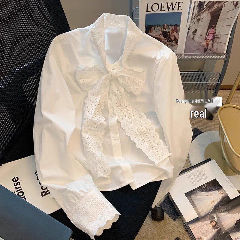 Women's Cotton White Lace Bowknot Base Shirt - New Spring Arrival Layering Top