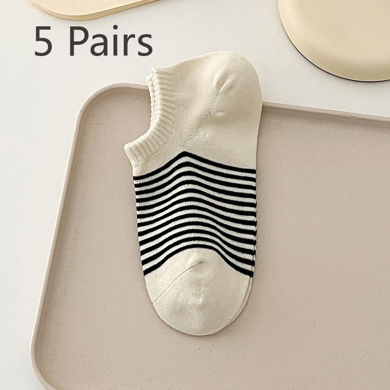 5 Pairs of Women's Spring and Summer Style Pinstripes with Light Mouth Cotton Boat Socks