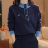 La Chapelle Women's Contrast Polo Collar Short Sleeve Knit Sweater