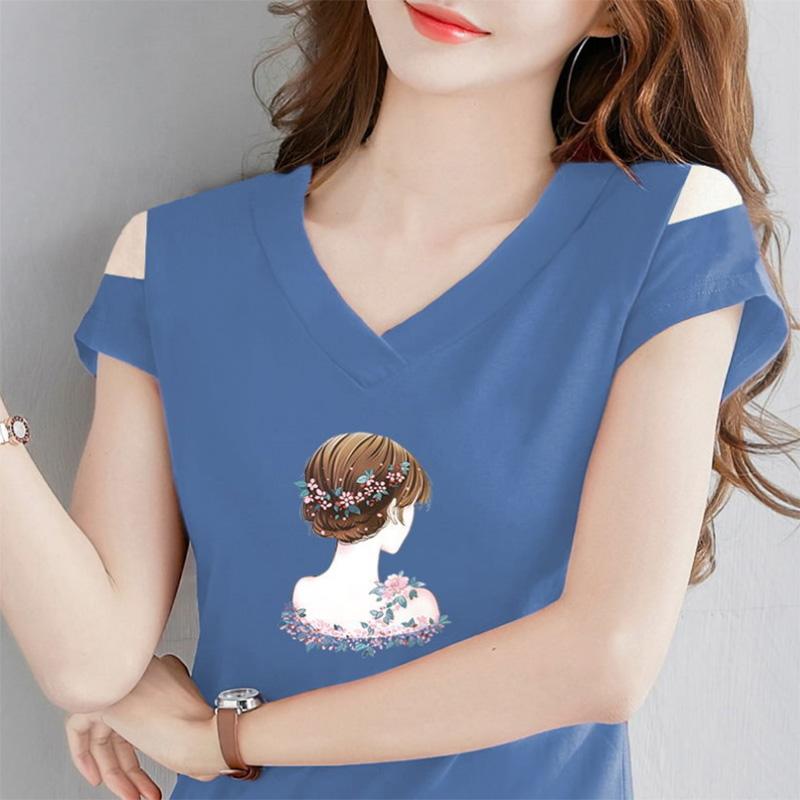 T-shirt Estiva Sottile Monospalla Nera a Maniche Corte da Donna con Spalle Scoperte Scollo a V a Riga Versione Coreana Maglia Base Modellante