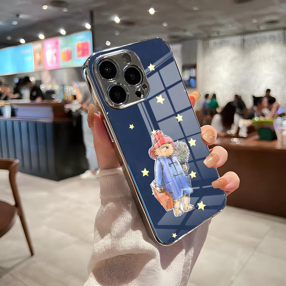 Paddington Bear Phone Case For IPhone 17 Pro Max 15 Pro 16 14 Plus 12 13 Mini 11 Pro Shockproof Electroplated Glass Cover