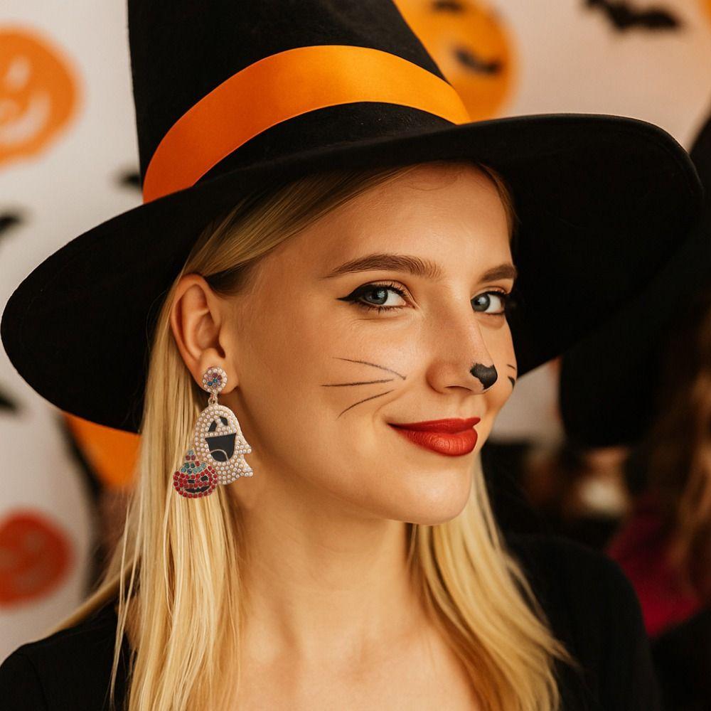 Kawaii Ghost Pumpkin Earrings Pearl Halloween Party Jewelry Vintage Cute Ghost Earrings Daily