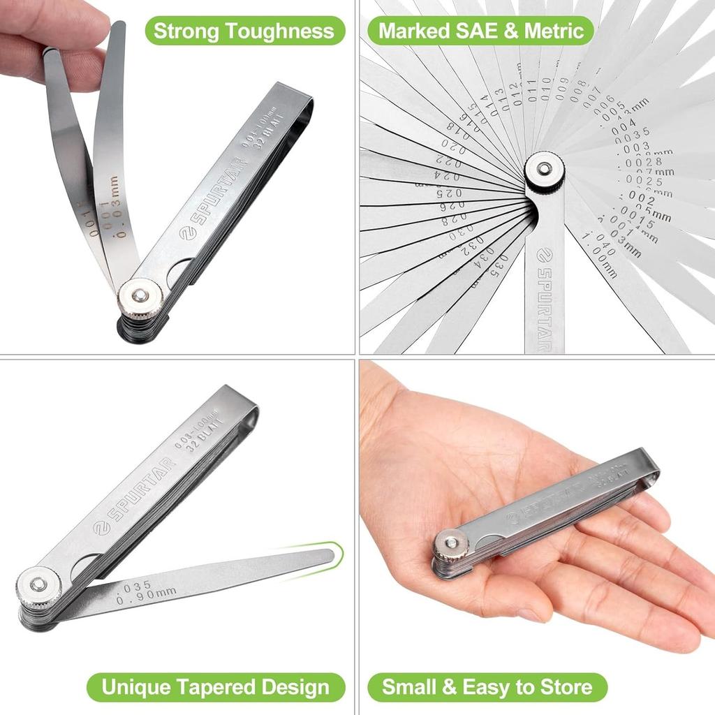 Spurtar Feeler Gauge 0.03-1.00mm, 32 Blades Dual Marked SAE and Metric Valve Gauges Measurement Tool for Measuring Gap Width Thickness