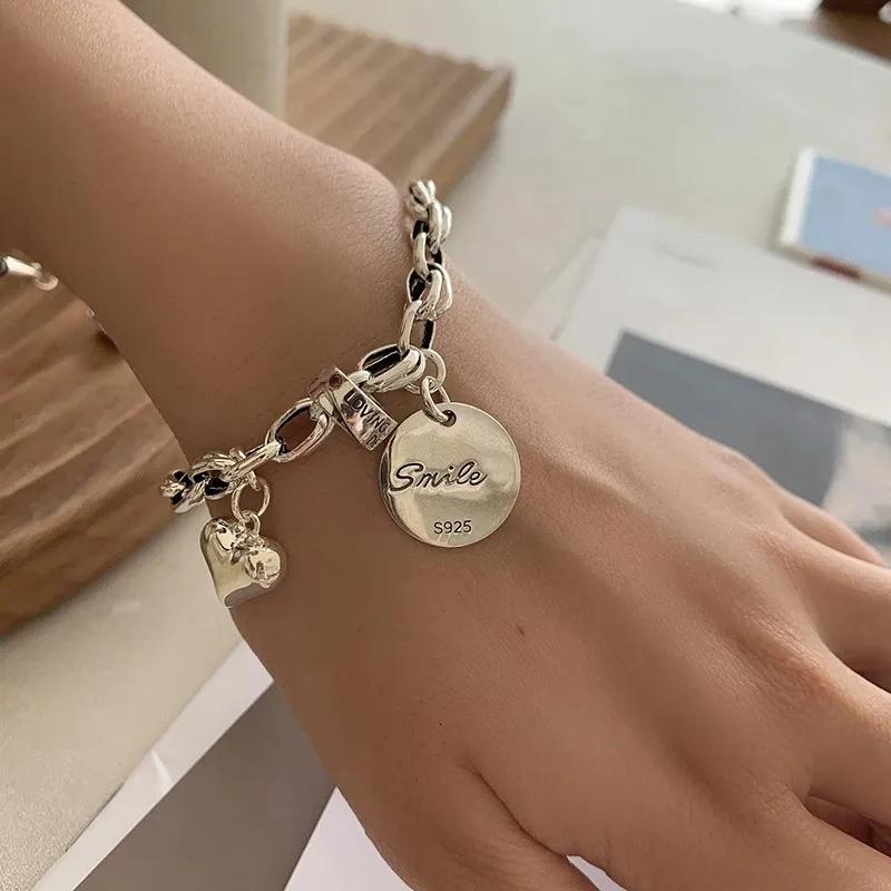 PANJBJ 925 Silve Beads Letters Bracelet for Women Girl Gift Punk Good Luck Simplicity Jewelry