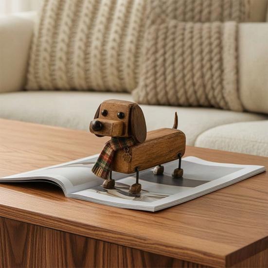 Dachshund Dog Statue Plaid Scarf Figurine, Retro with Paw Miniature Puppy Decoration Print Charm, Handcrafted Mini Desktop Office Accessories