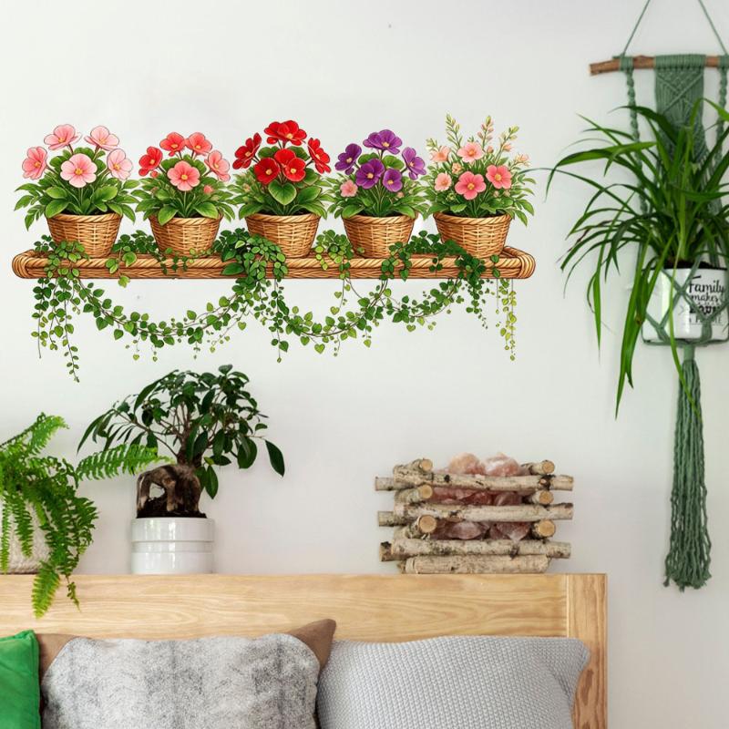 Potted Flower Wicker Shelf Vine Wall Sticker Waterproof Self Adhesive Removable for Glass Tile Furniture Decoration