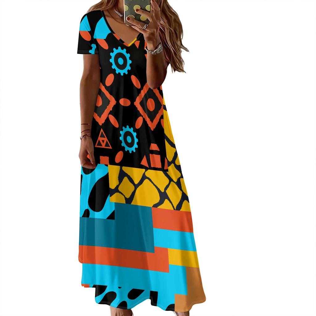 Summer Women's Short Sleeved V-neck Long Dress, 3D Fashionable Printed Pattern dress, Casual Vacation Style.