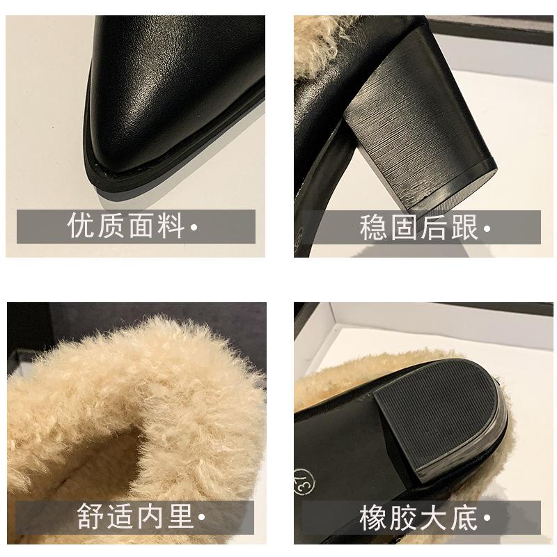 Sheepskin version~ high-end pointed loafers women's retro one-pedal fluffy single shoes high-heeled thick velvet warm cotton shoes