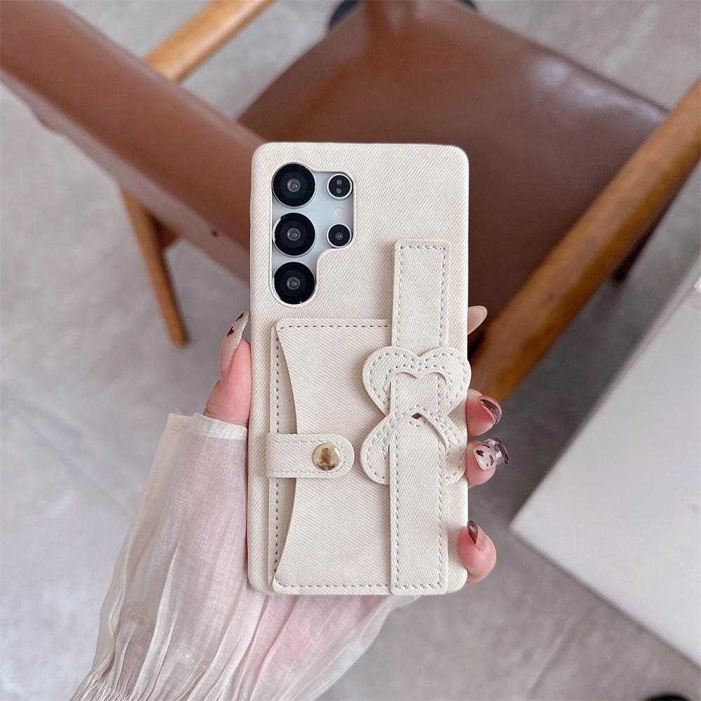 Chic Vintage Heart Bow Wrist Strap Jeans Texture Phone Case for SamSung Galaxy S26 Ultra S25 S24 S23 Card Holder Protect Cover