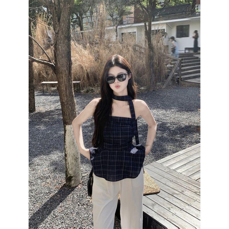 Retro Contrast Color Sexy Gingham Tube Top Vest Women's Clothing Summer Niche Style Ruffles Silm off-the-Shoulder Short Small Top