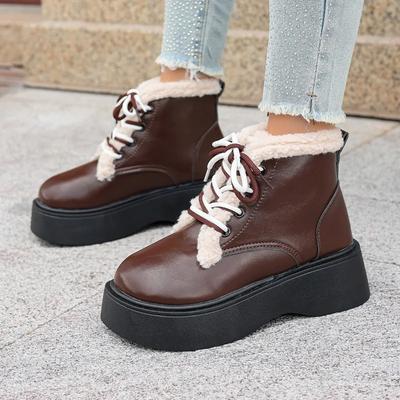Autumn/winter New British Style Thick Soled Loafers Plush Warm Womens Snow Boots Round Toe Lace Up Small Leather Cotton Shoes