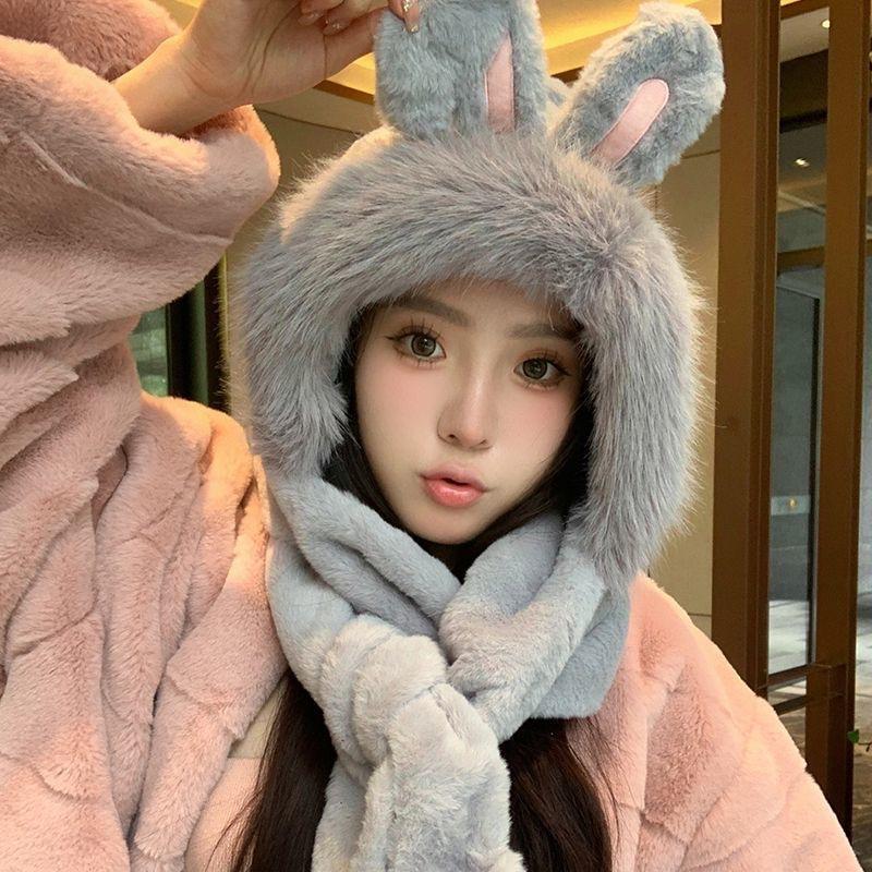Winter Warm Hat Scarf Integrated Rabbit Ears Cute Plush Gloves Scarf Hooded Windproof Hat Three-Piece Set